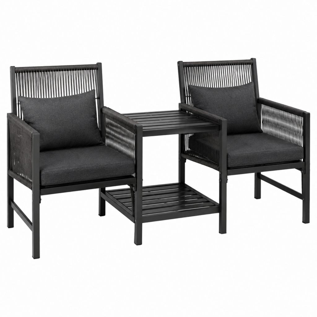 Salon de jardin 3 pièces noir en acier thermolaqué et corde PE avec coussins en polyester 2 fauteuils 61 x 78 x 80 cm table 40 x 40 x 43 cm