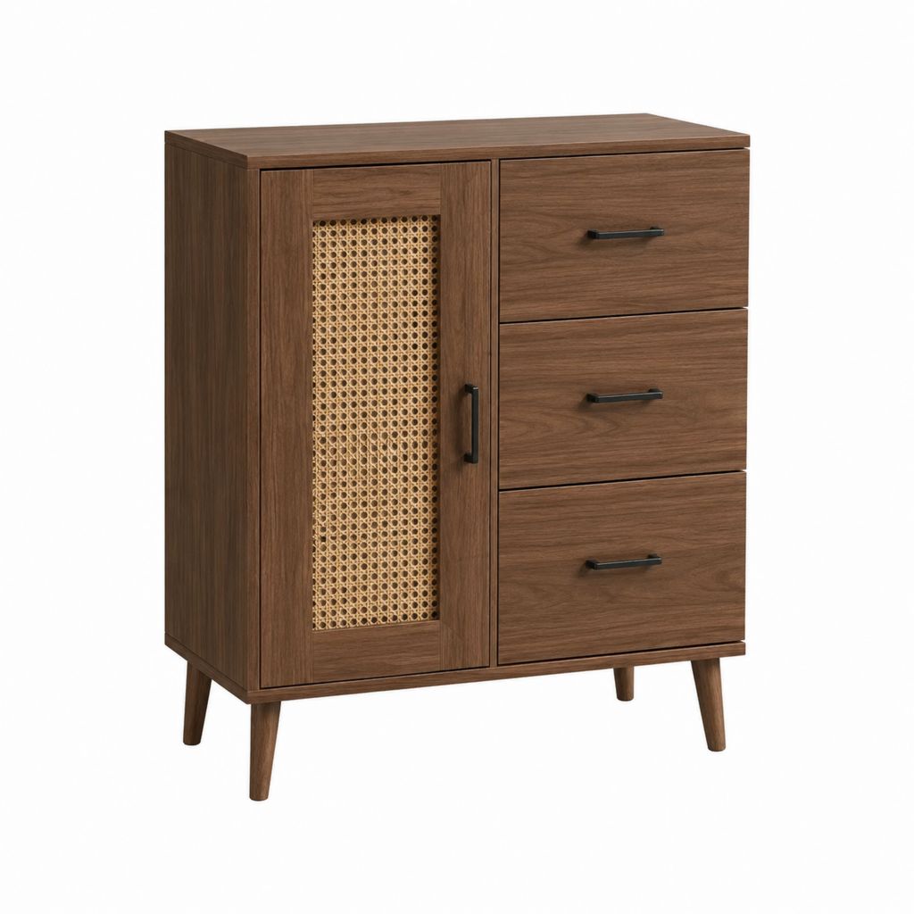 Buffet rectangulaire noyer en panneaux MDF et rotin avec 1 porte et 3 tiroirs 80 x 40 x 100 cm