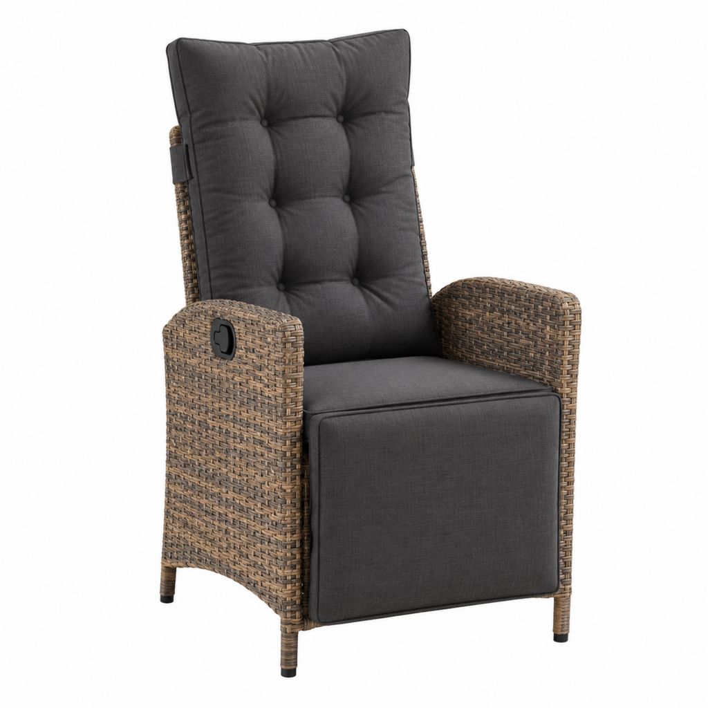 Fauteuil de jardin inclinable marron et anthracite en rotin PE avec coussins 63 x 75 x 110 cm