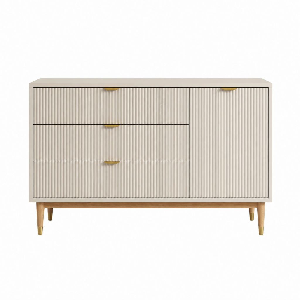 Buffet de salle à manger beige nervuré en MDF 120 x 40 x 80 cm avec 3 tiroirs et 1 porte