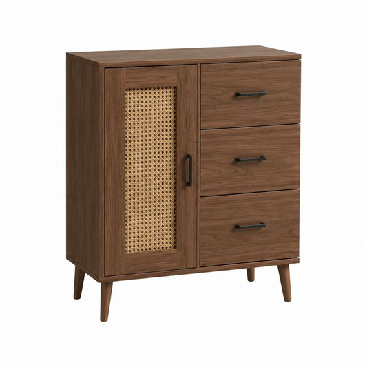 Buffet rectangulaire noyer en panneaux MDF et rotin avec 1 porte et 3 tiroirs 80 x 40 x 100 cm