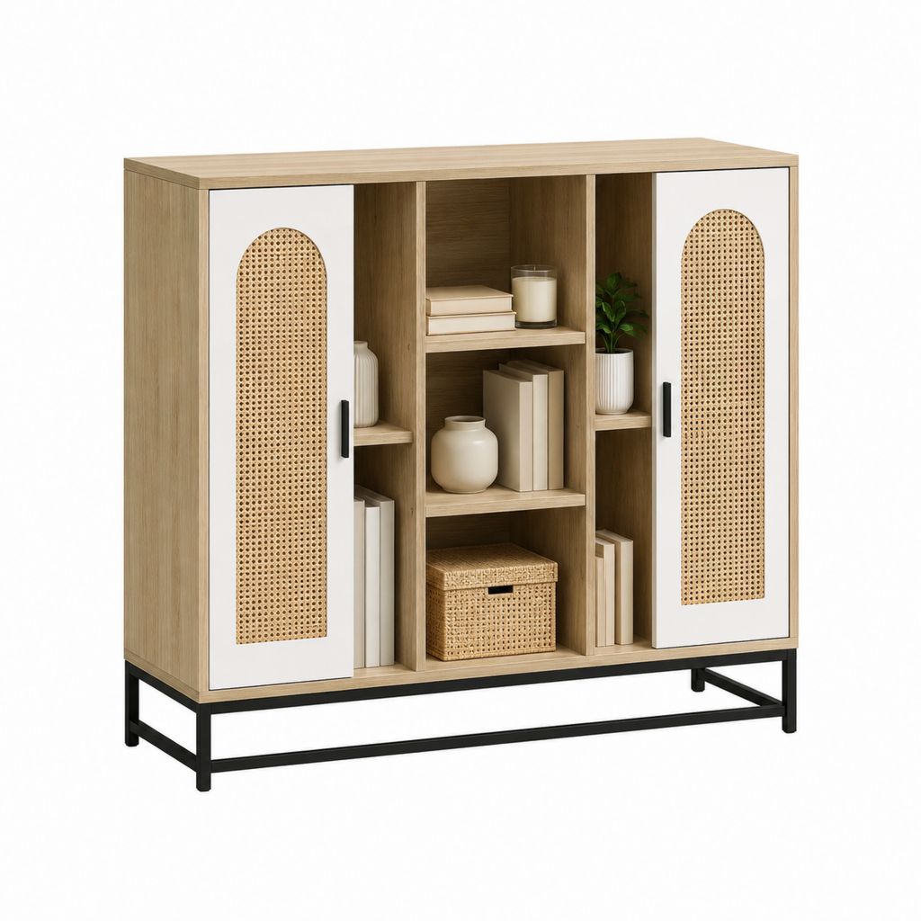 Buffet de salle à manger 2 portes blanc et chêne avec cannage en rotin 120 x 40 x 120 cm