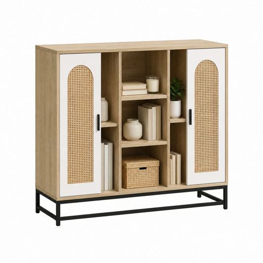Buffet de salle à manger 2 portes blanc et chêne avec cannage en rotin 120 x 40 x 120 cm
