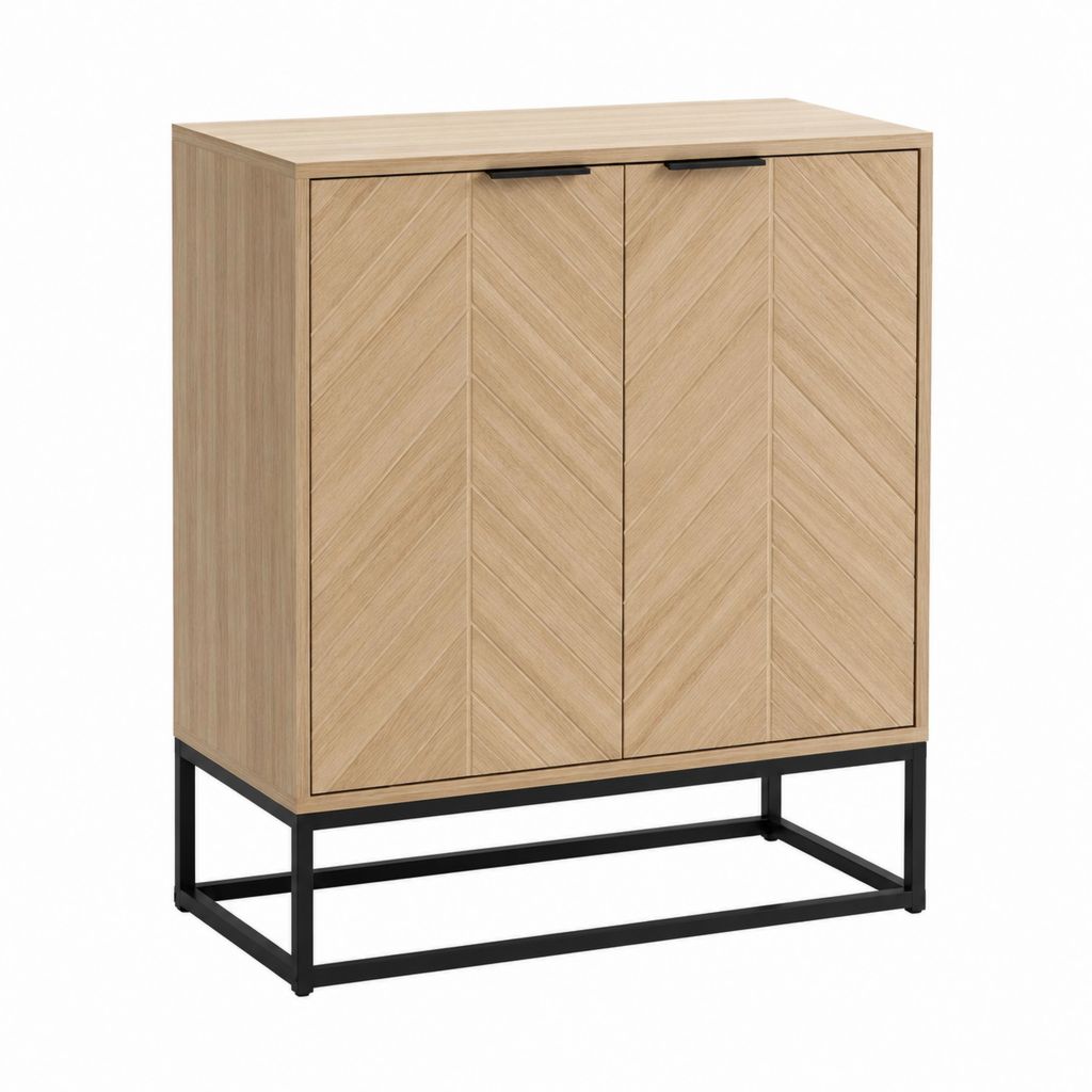 Buffet 2 portes rectangulaire chêne clair en MDF plaqué chêne avec piètement acier noir 90 x 40 x 110 cm