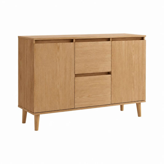 Buffet de salle à manger 2 portes 2 tiroirs chêne clair MDF plaqué chêne rectangulaire 120 x 40 x 85 cm