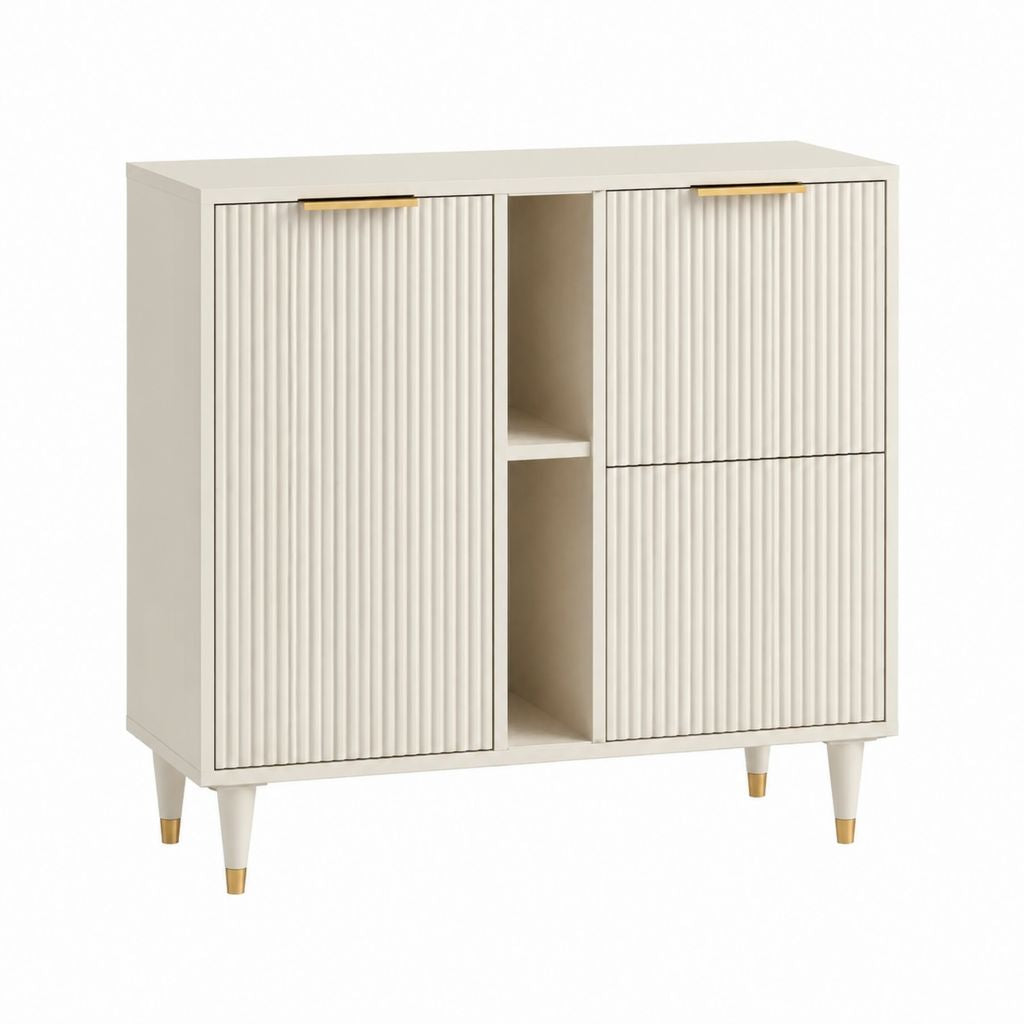 Buffet de rangement rectangulaire blanc en MDF 100 x 40 x 110 cm avec 3 portes et niche centrale