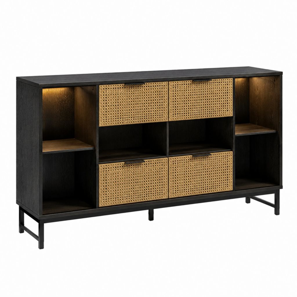 Buffet de salle à manger noir en MDF plaqué chêne avec portes en rotin 160 x 40 x 90 cm