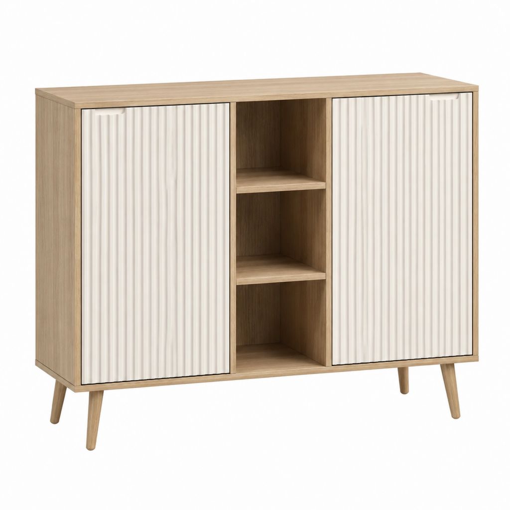 Buffet à portes coulissantes chêne clair et blanc en panneaux MDF 120 x 40 x 100 cm